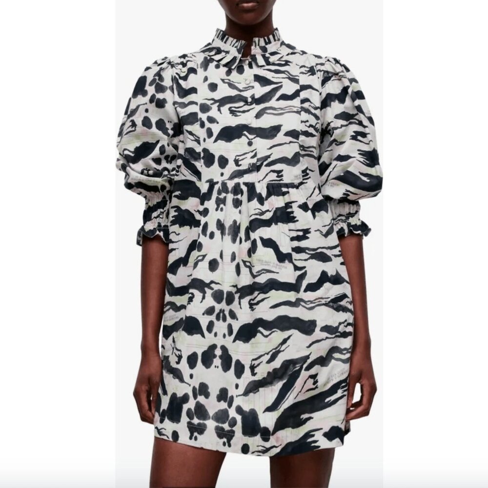 $299 AllSaints Bila Oniyuri Printed Cotton High Low Mini Dress NWOT Size 6